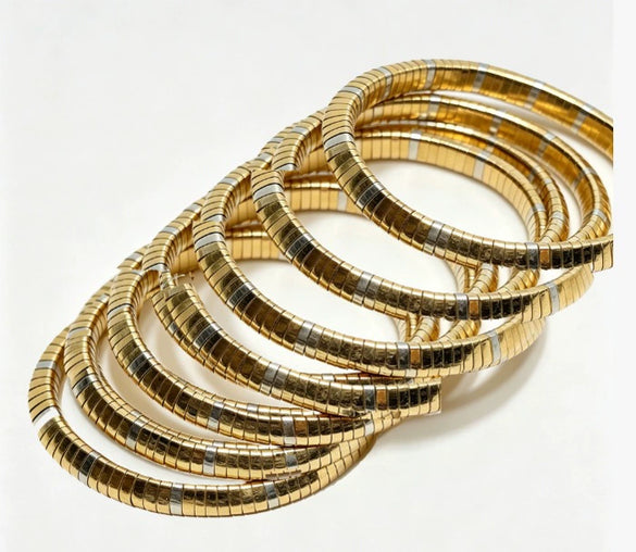 Gold And Silver Tone Geometric Alloy Necklace And Bracelet Set With Doublelayer Handmade Chain And Elastic Stretch Bracelet Polished Stackable Jewelry
