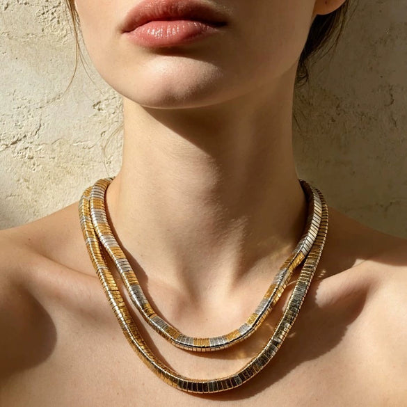 Gold And Silver Tone Geometric Alloy Necklace And Bracelet Set With Doublelayer Handmade Chain And Elastic Stretch Bracelet Polished Stackable Jewelry