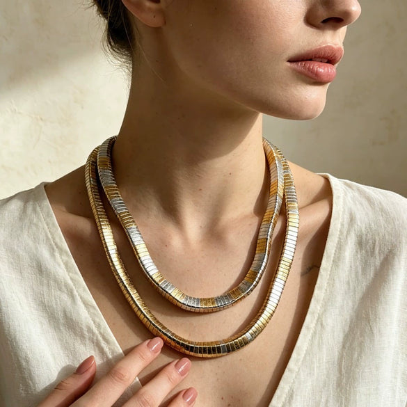 Gold And Silver Tone Geometric Alloy Necklace And Bracelet Set With Doublelayer Handmade Chain And Elastic Stretch Bracelet Polished Stackable Jewelry