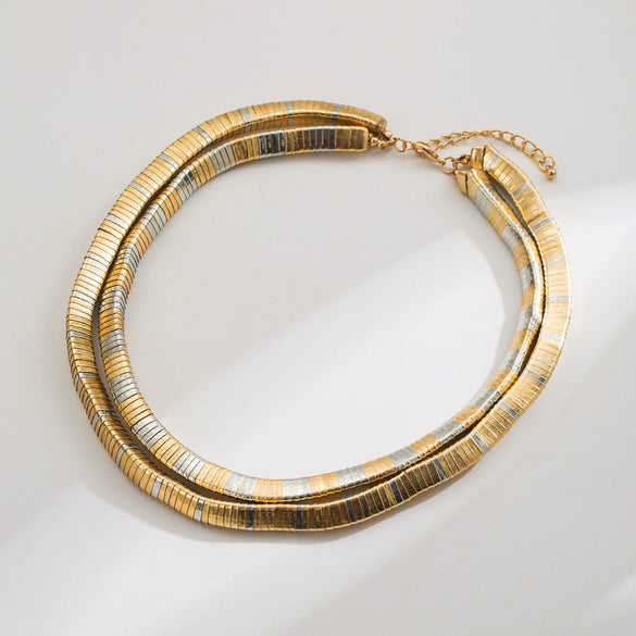 Gold And Silver Tone Geometric Alloy Necklace And Bracelet Set With Doublelayer Handmade Chain And Elastic Stretch Bracelet Polished Stackable Jewelry