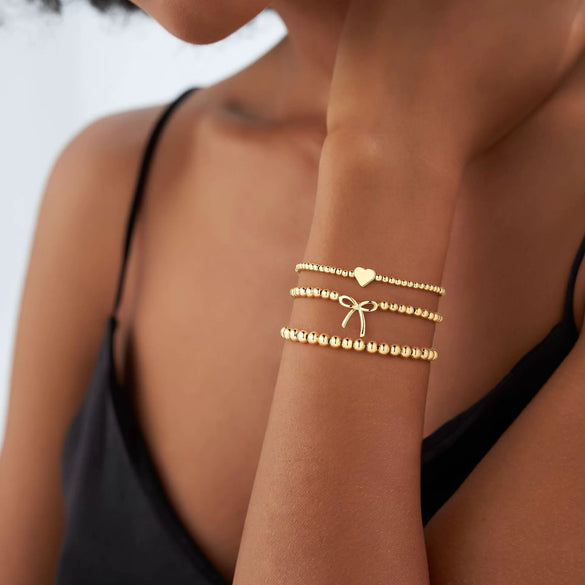Gold Color Copper Heart Bead Multi Layer Bracelet For Women Adjustable Stackable Geometric Electroplated Fashion Jewelry