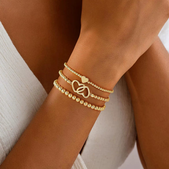 Gold Color Copper Heart Bead Multi Layer Bracelet For Women Adjustable Stackable Geometric Electroplated Fashion Jewelry