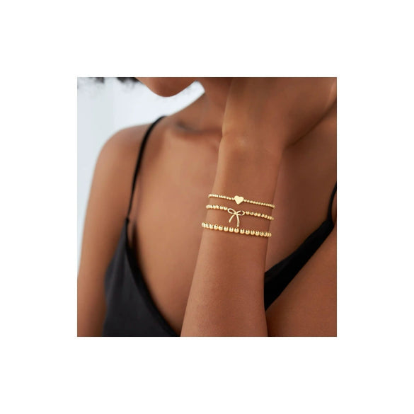 Gold Color Copper Heart Bead Multi Layer Bracelet For Women Adjustable Stackable Geometric Electroplated Fashion Jewelry