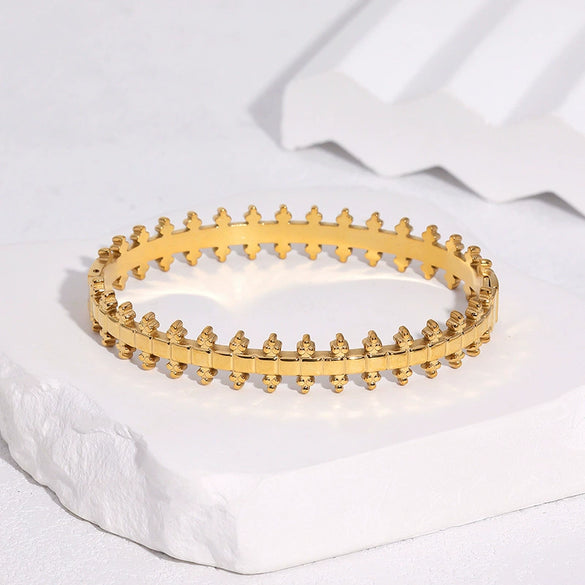 Gold Electroplated Stainless Steel Clasp Bracelet With Geometric Unique Design And Tarnish Resistant Finish