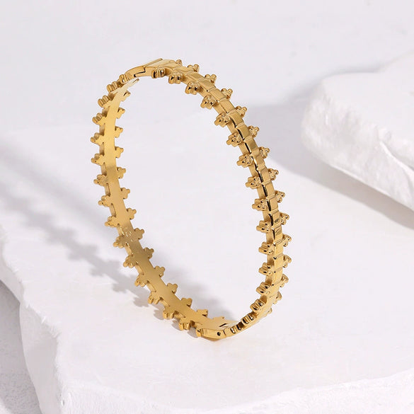 Gold Electroplated Stainless Steel Clasp Bracelet With Geometric Unique Design And Tarnish Resistant Finish
