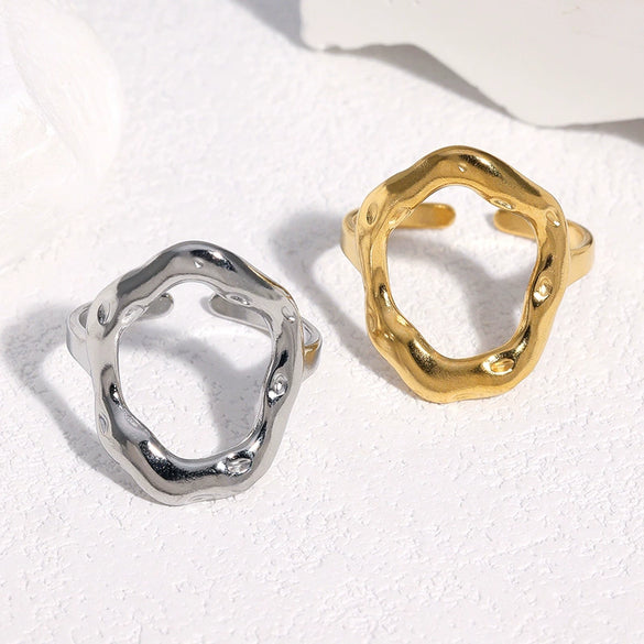 Gold Electroplated Stainless Steel Open Ring For Women With Irregular Geometric Texture