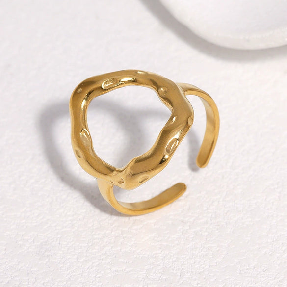 Gold Electroplated Stainless Steel Open Ring For Women With Irregular Geometric Texture