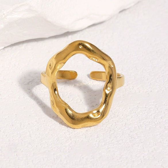Gold Electroplated Stainless Steel Open Ring For Women With Irregular Geometric Texture