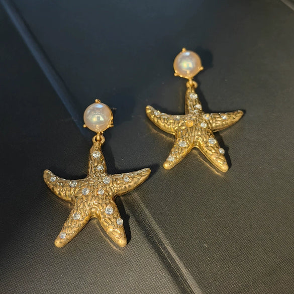 Gold Plated Alloy Starfish Pearl Earrings With Silver Tone Posts Simple Unisex Animal Inspired Jewelry Wholesale