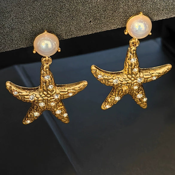 Gold Plated Alloy Starfish Pearl Earrings With Silver Tone Posts Simple Unisex Animal Inspired Jewelry Wholesale
