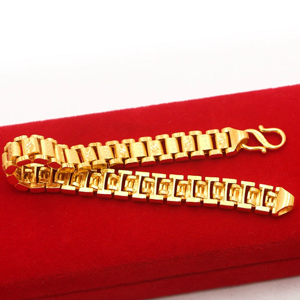 Gold Plated Brass Wave Pattern Thick Watch Chain Bracelet With Carved Craft Detail Simple Men's Jewelry