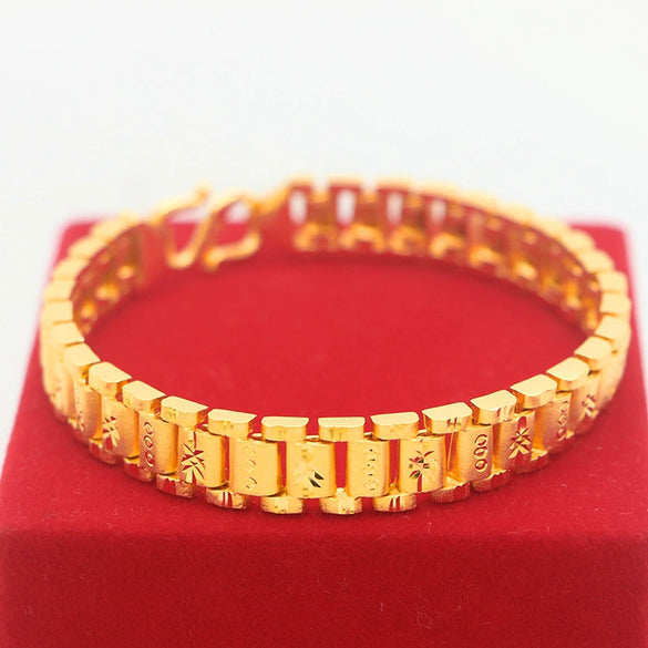 Gold Plated Brass Wave Pattern Thick Watch Chain Bracelet With Carved Craft Detail Simple Men's Jewelry