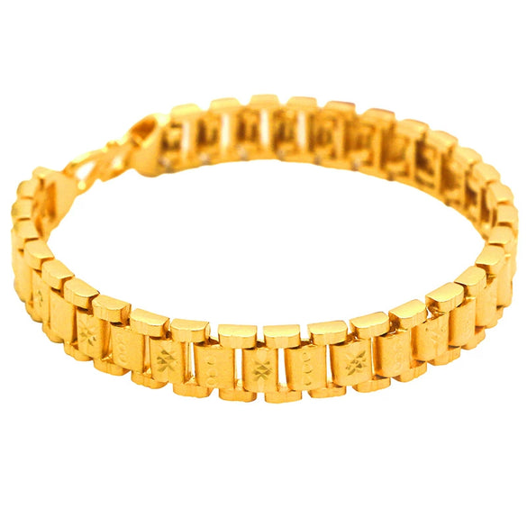 Gold Plated Brass Wave Pattern Thick Watch Chain Bracelet With Carved Craft Detail Simple Men's Jewelry