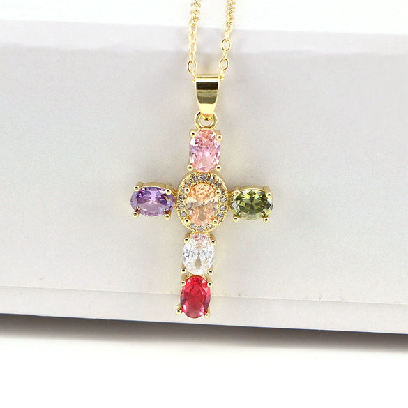 Gold Plated Copper Cross Necklace With Micro Pave Colorful Zircon Pendant Geometric Water Wave Chain Light Luxury Unisex Jewelry
