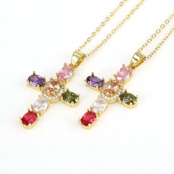 Gold Plated Copper Cross Necklace With Micro Pave Colorful Zircon Pendant Geometric Water Wave Chain Light Luxury Unisex Jewelry