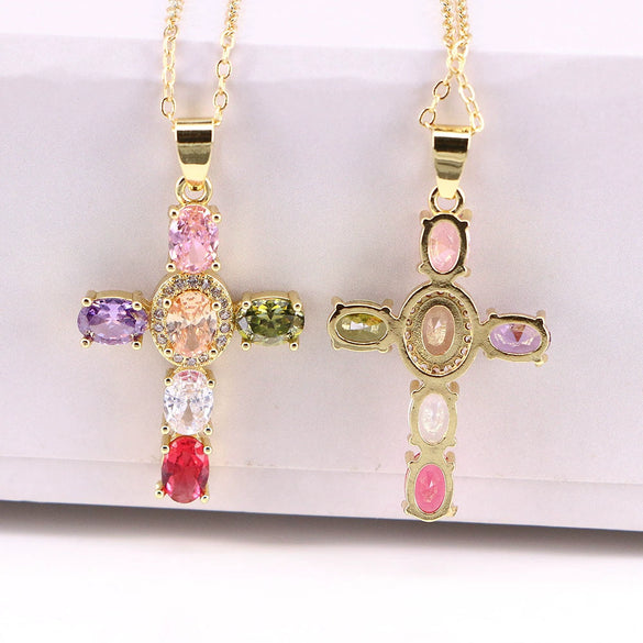 Gold Plated Copper Cross Necklace With Micro Pave Colorful Zircon Pendant Geometric Water Wave Chain Light Luxury Unisex Jewelry
