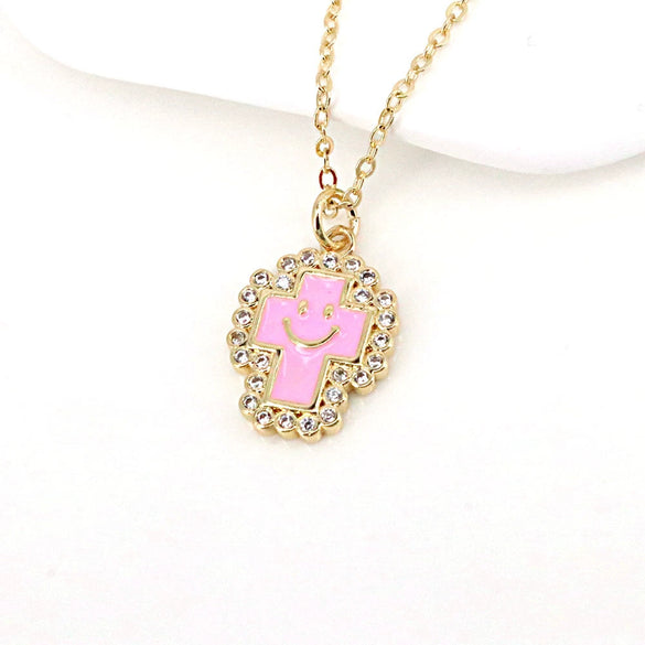 Gold Plated Copper Geometric Cross And Smiley Pendant Necklace With Micro Inlaid Zircon And Enamel Detail Water Wave Chain