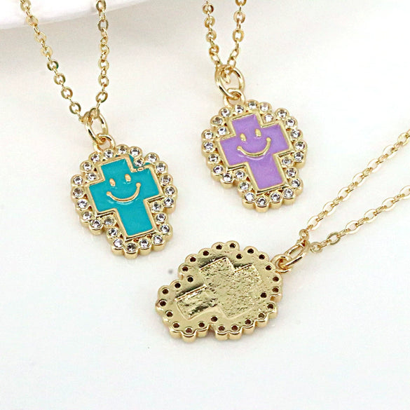 Gold Plated Copper Geometric Cross And Smiley Pendant Necklace With Micro Inlaid Zircon And Enamel Detail Water Wave Chain