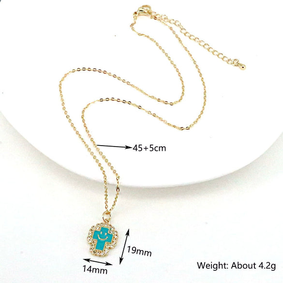 Gold Plated Copper Geometric Cross And Smiley Pendant Necklace With Micro Inlaid Zircon And Enamel Detail Water Wave Chain
