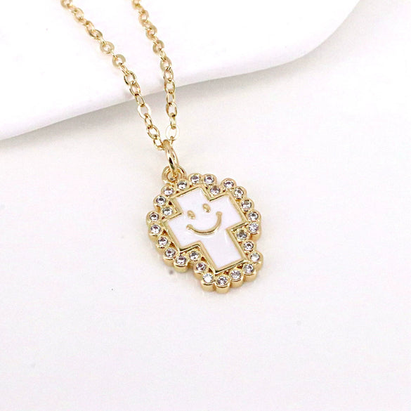 Gold Plated Copper Geometric Cross And Smiley Pendant Necklace With Micro Inlaid Zircon And Enamel Detail Water Wave Chain