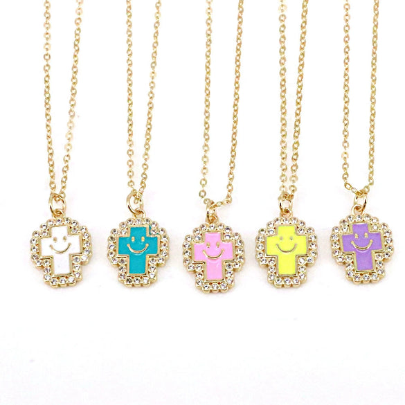 Gold Plated Copper Geometric Cross And Smiley Pendant Necklace With Micro Inlaid Zircon And Enamel Detail Water Wave Chain