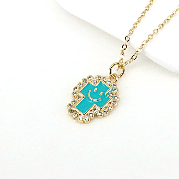 Gold Plated Copper Geometric Cross And Smiley Pendant Necklace With Micro Inlaid Zircon And Enamel Detail Water Wave Chain