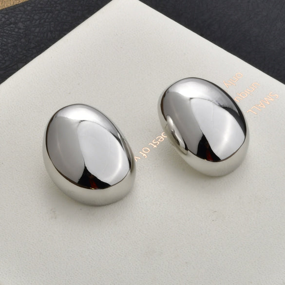 Gold Plated Copper Geometric Oval Sphere Statement Earrings With Glossy Polished Eggshell Design For Women