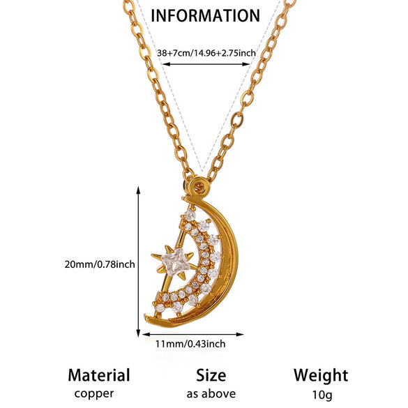 Gold Plated Copper Star And Moon Pendant Necklace With Zircon Inlay Geometric Unisex Jewelry And Whip Chain