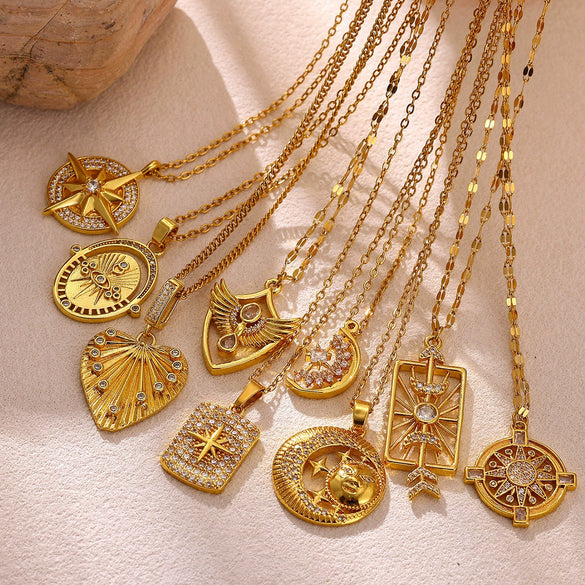 Gold Plated Copper Star And Moon Pendant Necklace With Zircon Inlay Geometric Unisex Jewelry And Whip Chain
