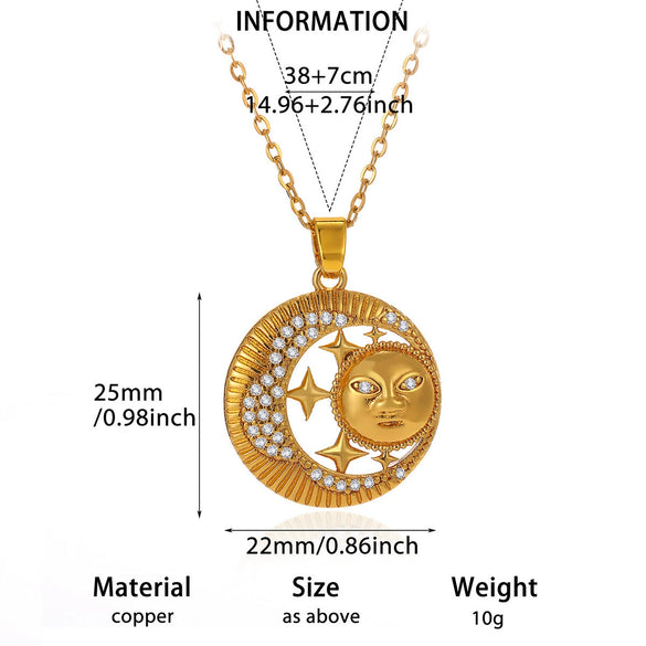 Gold Plated Copper Star And Moon Pendant Necklace With Zircon Inlay Geometric Unisex Jewelry And Whip Chain