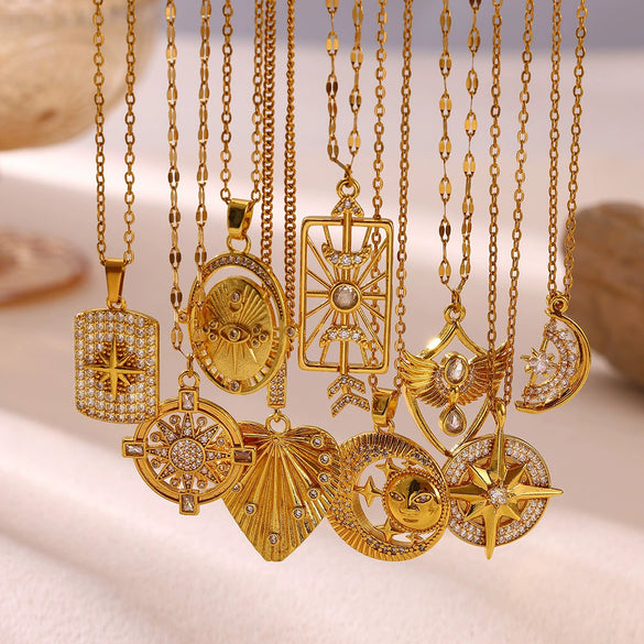 Gold Plated Copper Star And Moon Pendant Necklace With Zircon Inlay Geometric Unisex Jewelry And Whip Chain