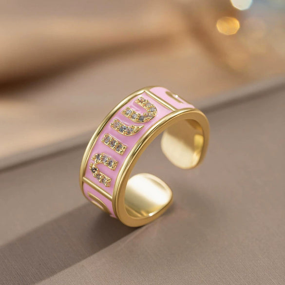 Gold Plated Copper Zircon Microinlaid Enamel French Vintage Letter Geometric Flower Pattern Open Ring For Women