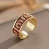 Gold Plated Copper Zircon Microinlaid Enamel French Vintage Letter Geometric Flower Pattern Open Ring For Women