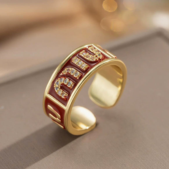 Gold Plated Copper Zircon Microinlaid Enamel French Vintage Letter Geometric Flower Pattern Open Ring For Women