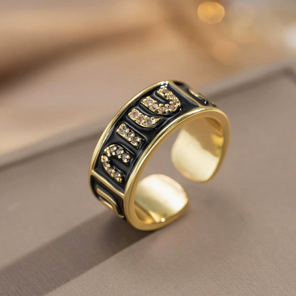 Gold Plated Copper Zircon Microinlaid Enamel French Vintage Letter Geometric Flower Pattern Open Ring For Women