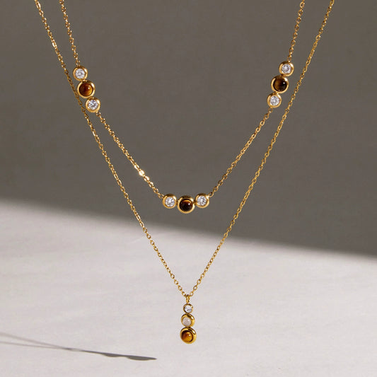 Gold Plated Geometric Stainless Steel Necklace For Women With Natural Tiger Eye Stone Pendant