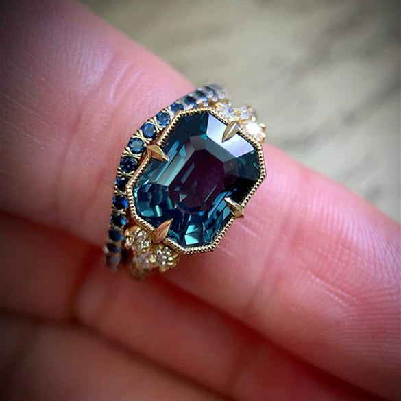 Gold Plated Metal Inlaid Aquamarine And Topaz Ring Electroplated Hand Jewelry Unisex Fashion Ring
