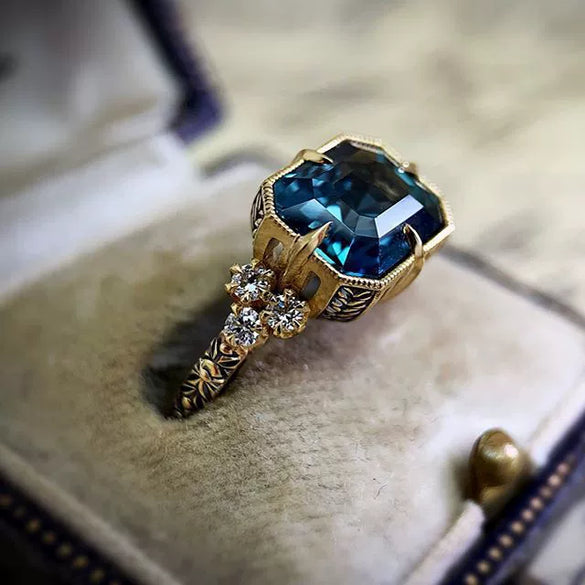 Gold Plated Metal Inlaid Aquamarine And Topaz Ring Electroplated Hand Jewelry Unisex Fashion Ring