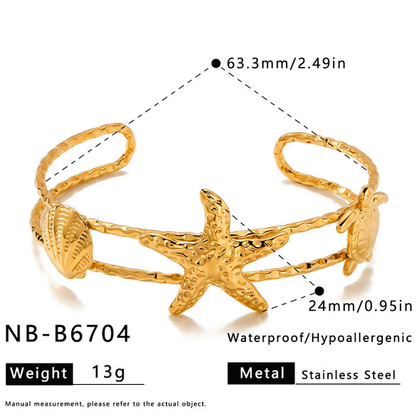 Gold Plated Stainless Steel Bracelet For Women Featuring Starfish Conch And Sun Motifs