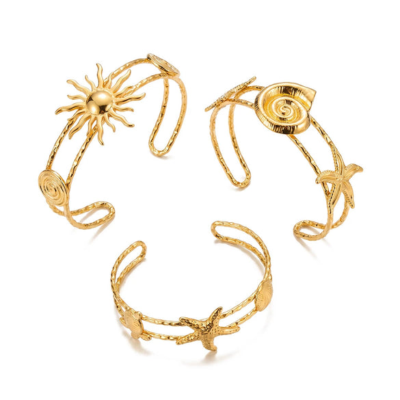 Gold Plated Stainless Steel Bracelet For Women Featuring Starfish Conch And Sun Motifs