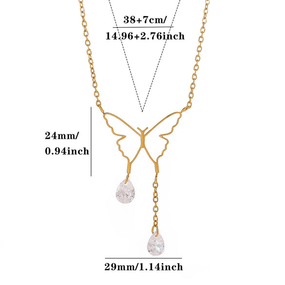 Gold Plated Stainless Steel Butterfly Teardrop Rhinestone Y Necklace With Tassel And Crystal Pendant