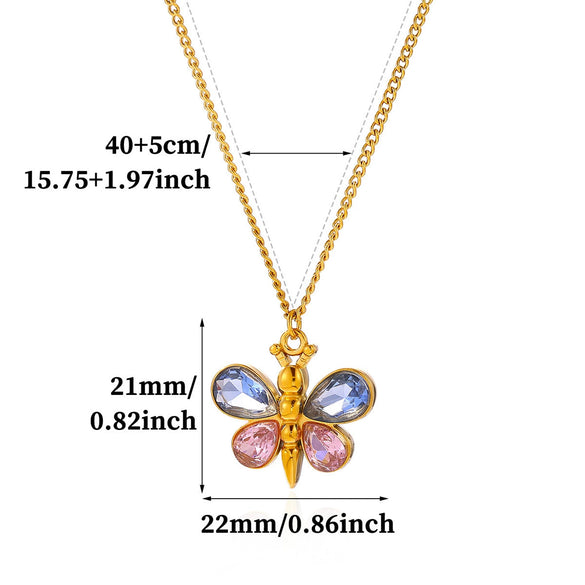 Gold Plated Stainless Steel Butterfly Teardrop Rhinestone Y Necklace With Tassel And Crystal Pendant