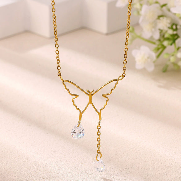 Gold Plated Stainless Steel Butterfly Teardrop Rhinestone Y Necklace With Tassel And Crystal Pendant