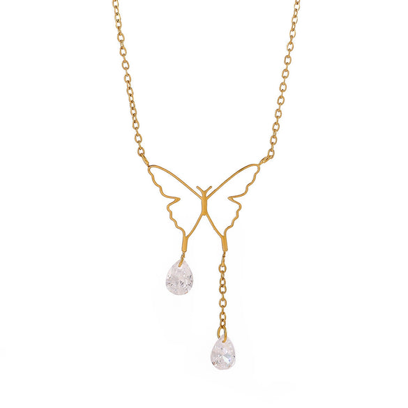 Gold Plated Stainless Steel Butterfly Teardrop Rhinestone Y Necklace With Tassel And Crystal Pendant