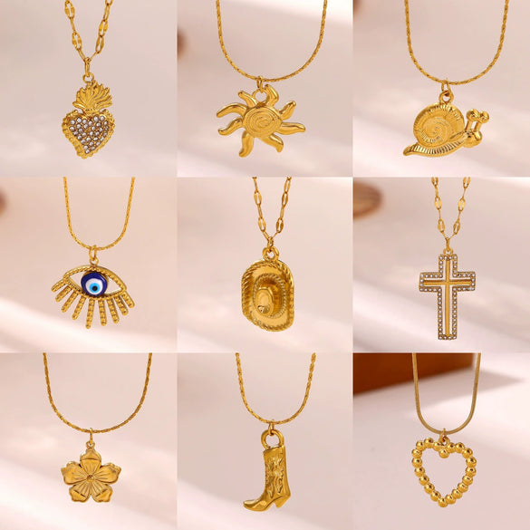 Gold Plated Stainless Steel Cross Chain Necklace With Heart And Insect Pendant Modern Minimalist Unisex Jewelry