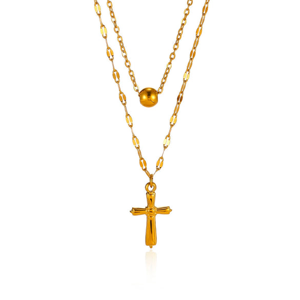 Gold Plated Stainless Steel Cross Necklace With Small Bead Chain Geometric Pendant Niche Style Jewelry For Women And Men