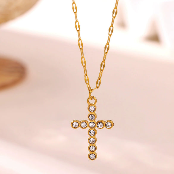 Gold Plated Stainless Steel Cross Necklace With Small Bead Chain Geometric Pendant Niche Style Jewelry For Women And Men