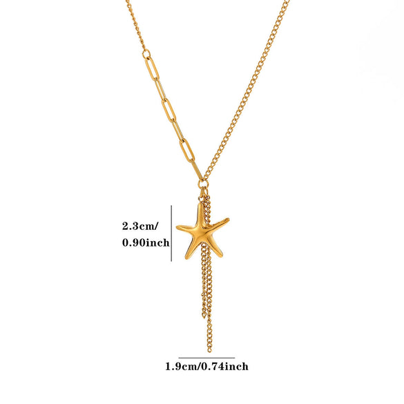 Gold Plated Stainless Steel Faux Pearl Seashell Coral Starfish Pendant Necklace For Women With Tassel Chain