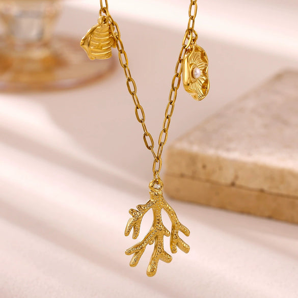 Gold Plated Stainless Steel Faux Pearl Seashell Coral Starfish Pendant Necklace For Women With Tassel Chain