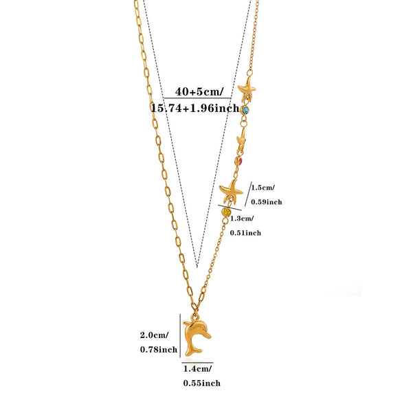 Gold Plated Stainless Steel Faux Pearl Seashell Coral Starfish Pendant Necklace For Women With Tassel Chain